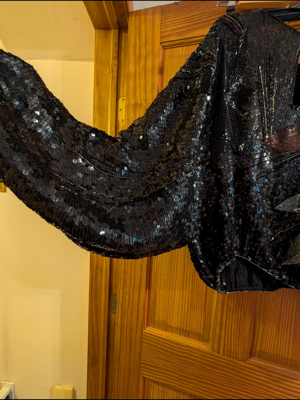 Black Sequin Long-Sleeve Party Top with Metallic Bow Accent - Picture 7 of 8